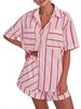 Transfronterizo 2025 Amazon Primavera Nuevo Camisa Rayada de Bolsillo de Manga Corta Shorts de Sarga Conjunto de Dos Piezas de Camisa