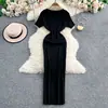 Vestido curto de manga curta com gola redonda em seda gelada, estilo coreano moderno, vestido longo justo de malha elástica, estilo europeu e americano, bodycon slim-fit