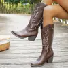 2026 Botas de Talla Grande de Comercio Exterior para Mujer Botas Largas Tacón Medio Bordadas Estilo Vaquero Occidental Bota de Media Pierna Botas de Jinete Transfronterizas