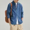 Camisa de mezclilla fina para hombre con cuello camisero, de manga larga, color liso, casual para exteriores, camisa lavada vintage