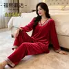 Pijama Fuxi Jiada Estilo Chinês Novo Dourado com Diamantes e Veludo para Mulheres, Conjunto de Manga Longa e Calça para Outono e Inverno, Bordado Estilo Nacional, Roupa de Casa Levemente Luxuosa