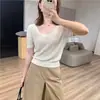 ¡Camiseta de lino simple y hermosa con cuello cuadrado y redondo! Top corto fino de punto Lyocell, adelgazante, transpirable y seco, de manga corta