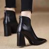 Botas de Bico Fino Estilo Francês para Mulheres 2025 Outono e Inverno Nova Moda Salto Grosso Botas Slim Forradas com Lã Botas Curtas Populares