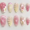 Unhas Vestíveis com Design Floral e de Frutas em Gradiente Rosa-Laranja com Relevo Estéreo 3D, Estilo Doce de Verão Fresco, Unhas Europeias e Americanas da Moda