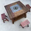 Mesa de chá estilo wabi-sabi em madeira de olmo antiga com lareira, mesa quadrada de fogo vintage para exterior, mesa de churrasco e mesa de jantar para casa de hóspedes em madeira maciça