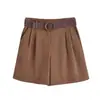 Comércio Exterior Atacado Moda Europeia e Americana Simples Cor Sólida Manga Curta Camisa + Shorts Casuais com Cinto Conjunto para Mulheres