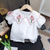 Camisa Nueva Estilo Primavera/Verano 2026 para Niñas con Cuello de Muñeca, para Niñas Jóvenes con Delicado Cuello de Encaje Bordado, Camisa Básica Versátil