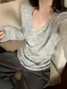Suéter de punto súper bonito gris con cuello en V profundo para mujer, para principios de otoño e invierno, estilo "old money", ajuste ceñido, capa interior, top base