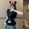 Playera de Manga Corta con Cuello Redondo para Mujer Verano Nuevo Estilo Dulce Diseño de Cintura Nicho con Volantes Top de Moda Chic