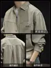 "Textura Tecida" Camisa de Manga Longa Masculina Primavera Outono Novo Estilo Gola Lapela Solta Estilo Casual Camisa Jaqueta Cinza Escuro