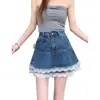 Mini Saia Jeans com Renda Costurada para Mulheres 2025 Verão Nova Cintura Alta Linha A Emagrecedora Saia Bufante Saia Bolo Meia Saia