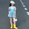 Conjunto de Verano de Dos Piezas para Niña Nuevo Estilo Coreano Moderno Bloque de Color Camiseta Falsa de Dos Piezas Manga Corta Falda Corta Cuadros Dulce Linda