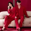 Seda de hielo primavera y otoño manga larga pantalón largo rojo festivo año zodiacal cuello solapa cárdigan nuevo conjunto de ropa de boda para el hogar