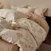 Conjunto de Quatro Peças Espesso Escovado 100% Algodão Puro Estilo Ins de Luxo Leve Lençol com Elástico 100% Algodão Capa de Edredom Conjunto de Cama Floral de Três Peças 4