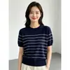 Clásico de verano Lyocell Tencel moda juvenil elegante adelgazante versátil cuello redondo rayas tejido top de manga corta