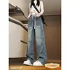 Jeans Estilo Americano de Bolsillo Grande con Pierna Curva para Hombres y Mujeres Cintura Elástica Pantalones para Personas Bajas Pierna Ancha Suelta Ligeramente Acampanados Pantalones Cargo