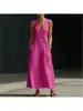 Primavera Verão 2026 TikTok Transfronteiriço Europa América Estilo Preguiçoso Decote V Botões Sem Mangas Colete Algodão Linho Vestido Casual