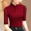 2026 Nueva Camiseta de Punto de Malla de Manga Tres Cuartos, Color Café, Cuello Medio Alto, Ajuste Delgado, Adelgazante para Mujer, Primavera y Otoño