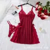 Camisón de encaje rojo, conjunto de lencería sexy de malla transparente con tanga, ropa de estar de alta gama