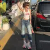 Pantalones Cortos de Mezclilla Cropped Retro Lavado Americano Agrietado Micro-Campana para Mujer Cintura Baja Adelgazantes Favorecedores Pierna Ancha Versátiles
