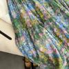 Em Estoque Série de Pintura a Óleo Estilo Francês Algodão Fino de Alta Qualidade Floral Linha A Emagrecedor Doce Fio Fino Vestido de Comprimento Médio com Babados
