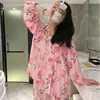 2026 Nuevo Pijama de Algodón y Seda de Longitud Larga para Casa, Ropa de Dormir de Algodón Artificial, Traje de Aire Acondicionado Estilo Cárdigan con Cuello en V, Ropa para el Hogar