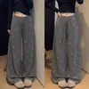 Pantalones de pierna ancha para mujer de primavera y otoño con lentejuelas de pedrería brillante, suaves y cómodos, de cintura alta, holgados y hasta el suelo para paseos tranquilos.