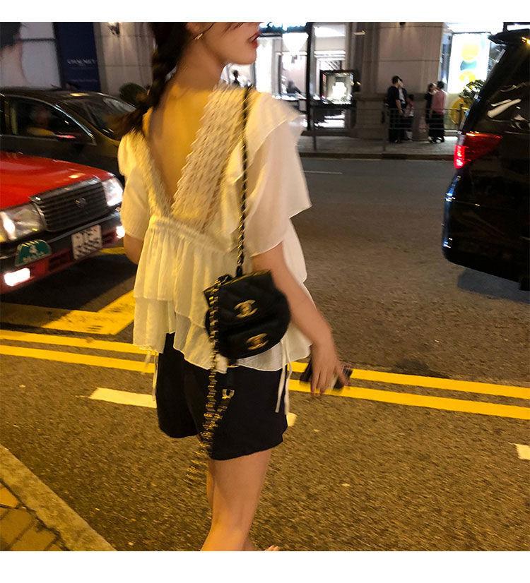 商品详情图_2024新款小仙女bi备荷叶边v领蕾丝上衣宽松短