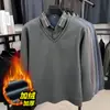 Camisa Polo Casual Falsa de Dos Piezas con Cuello para Papás de Mediana Edad y Mayores, Capa Base Gruesa de Terciopelo Cálido de Invierno