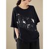Sudeste Asiático Transfronteiriço Primavera e Outono Tamanho Grande Solto Elegante Casual Estilo Ocidental Redutor de Idade Algodão e Linho Estampado Manga Média Camiseta Top