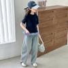 Traje de verano para niñas 2025 nueva moda niñas costura de color contrastante manga corta Pantalones machete de mezclilla conjunto de dos piezas transfronterizo