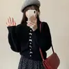 Cardigan Tricot Doce Fofo Estilo Suave Redutor de Idade Top Suéter Casaco Feminino Macio Fofo Estilo Coreano com Botão de Laço de Pérola