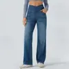 Jeans elástico de perna reta europeu e americano transfronteiriço para mulheres, cintura alta, modelador, levanta bumbum, com bigodes e detalhes desgastados, bolsos e um caimento casual fluido