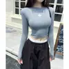 Crop top de otoño de manga larga con estampado retro americano y cuello redondo, estilo ins para mujer, corte ajustado y favorecedor