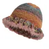 Ins sombrero de lana a rayas con degradado colorido sombrero de felpa lindo hecho a mano para mujer otoño e invierno circunferencia de cabeza grande sombrero de pescador tejido