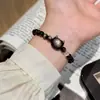 Pulseira de Cristal Branco Obsidiana Negra Obsidiana Prateada Gato Tecida Natural para Mulheres Nicho Exquisita Fofa Versátil Pulseira Elástica
