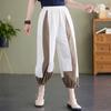 Foto Real de Verano 2025 Literario Retro Suelto Algodón y Lino Diseño de Combinación de Colores Cintura Elástica Casual Pantalones Bombachos Tres Cuartos para Mujer
