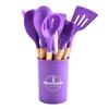 Conjunto de Utensílios de Cozinha de Silicone com Cabo de Madeira 12 Peças Frigideira Antiaderente Barril de Armazenamento Utensílios de Cozinha Espátula Colher de Mexer Colher de Sopa Escorredor Pegador de Alimentos