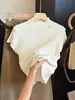 Camiseta de punto para mujer estilo coreano con cuello alto, hilo plateado texturizado, manga corta, para principios de otoño, corte ajustado, acanalada, top básico reductor de edad