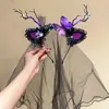 Diadema Corona Negra con Velo Gótico de Halloween para Mujer, Diadema Elegante de Rosa de Alta Gama, Vestido de Fiesta Festivo