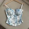 Camisola Elegante con Cintura Ceñida, Top Único, Estilo Francés Vintage con Estampado de Porcelana Azul y Blanco