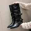 Botas de Pantalón con Punta y Tacón Grueso para Mujer 2026 Diseño con Hebilla Botas Altas de Motociclista Botas Largas de Mezclilla por Encima de la Rodilla Calzado para Mujer