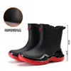 Estilo Coreano Blocos de Cor Preto Vermelho Antiderrapante Sapatos de Borracha Masculinos Botas de Chuva Curta no Tornozelo Tipo Esportivo Botas de Água Alargadas Espessadas Transfronteiriços Ecológicos Sapatos Aquáticos