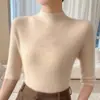 Suéter de malha de alta qualidade pronto para usar, com padrão espinha de peixe, gola semimédia e mangas médias, novo suéter feminino de outono, casaco de manga média para usar em camadas