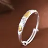Pulsera Push-Pull Rey Ciervo Dorado de Plata Pura 999 para Mujer, Tallado de Peonía Chapado en Oro Estilo Chino, Mensaje de Suerte, Pulsera de Plata Gato de la Fortuna