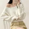 Suéter casual de otoño estilo coreano 2026, de un hombro, hombros descubiertos, con hombro inclinado, en color blanco roto y gris, talla única