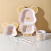 Fibra de Bambu de Grau Alimentício Louça Infantil Tigela Garfo Colher Copo Urso de Desenho Animado Tigela de Refeição Tigela de Comida Fofa Prato de Jantar Atacado
