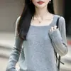 Diseño cuadrado amigable para el commute con canalé vertical, suéter de punto de manga larga 100% lana pura para mujer, casual y cálido, adecuado para usar en capas