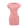 Vestido de Manga Corta con Hombro Descubierto para Chica Sexy 2025 Verano Nuevo Diseño Cintura Plisada Adelgazante Color Puro Falda Corta Ajustada a las Caderas