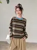 Camiseta de rayas de bloques de color elegantes con cuello redondo, holgada, de manga larga para mujer, estilo casual elegante de principios de otoño, top con hombros caídos regular